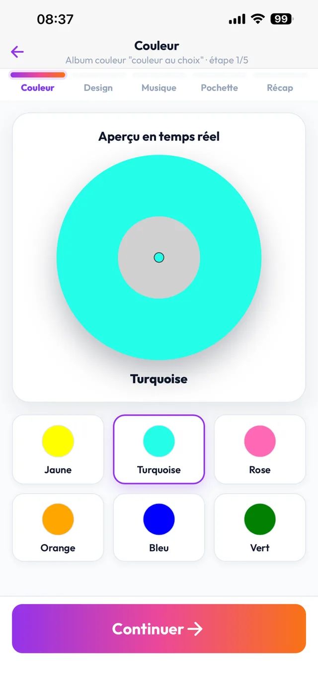 Choix de la couleur du vinyle (turquoise), aperçu en temps réel