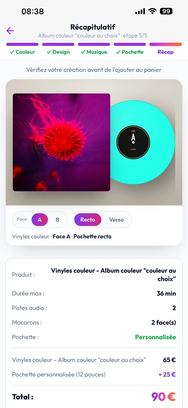 Récapitulatif : pochette photo et vinyle turquoise avant la commande